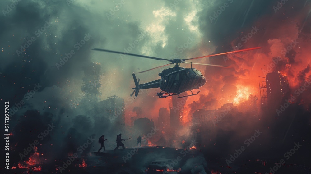 Apocalyptic Cityscape: Helicopter Evacuation Amidst Fiery Ruins