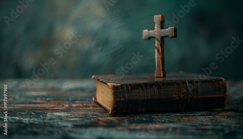 Bible, crosses on dark gray wooden table against black background. Religion of Christianity