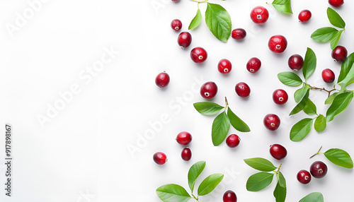 Fresh ripe cranberries and green leaves on white background, flat