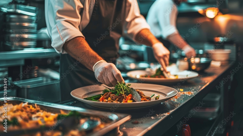 Chef plating a gourmet meal. Chef plating a gourmet meal.