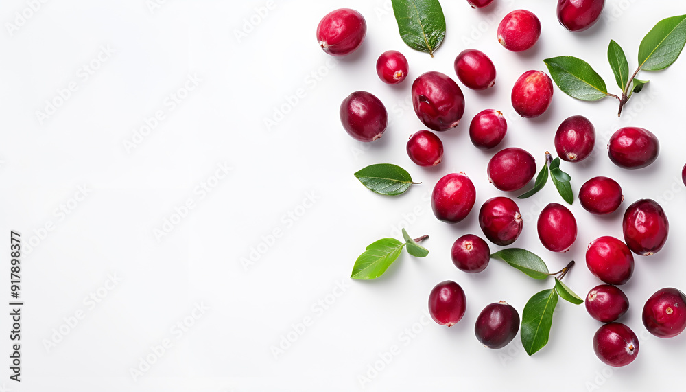 Fresh ripe cranberries and green leaves on white background, flat Fresh ripe cranberries and green leaves on white background, flat