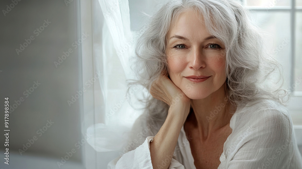 Portrait of elderly woman with long silver hair smiling warmly, softly lit blurred background. Concept of aging gracefully, confidence and skincare Portrait of elderly woman with long silver hair smiling warmly, softly lit blurred background. Concept of aging gracefully, confidence and skincare