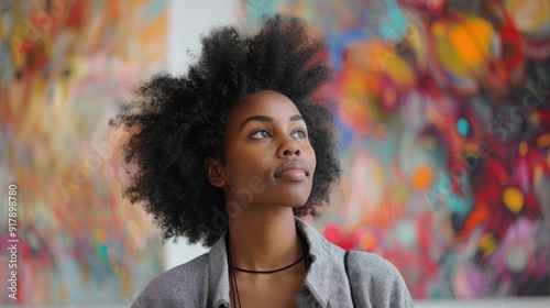 Contemplative Young African American Woman Against Colorful Mural