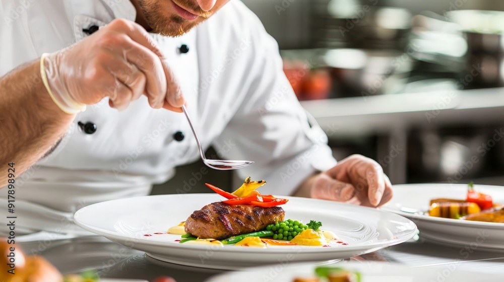 Chef plating gourmet meal with delicate precision. Chef plating gourmet meal with delicate precision.
