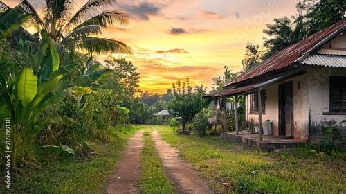 Serene Jogging Track Through an Old Malaysian Village: Tranquil Sunrise with Malay Village House, Coconut and Banana Trees, and Water Puddles #917899138