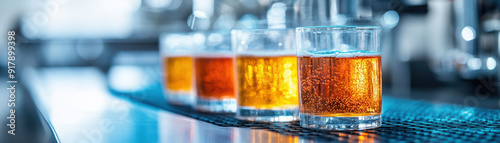 Four clear glasses of amber beer aligned on a blue countertop in a bar setting, showcasing a refreshing beverage ready for enjoyment.