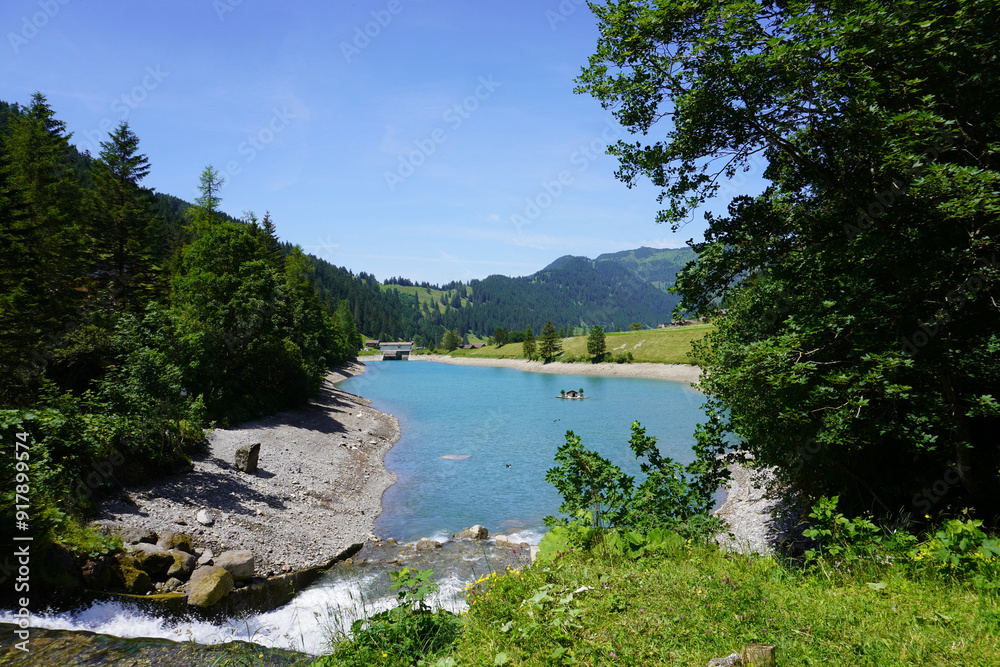 Obraz premium Blick auf den kleinen Stausee in Steg in Liechtenstein im Sommer