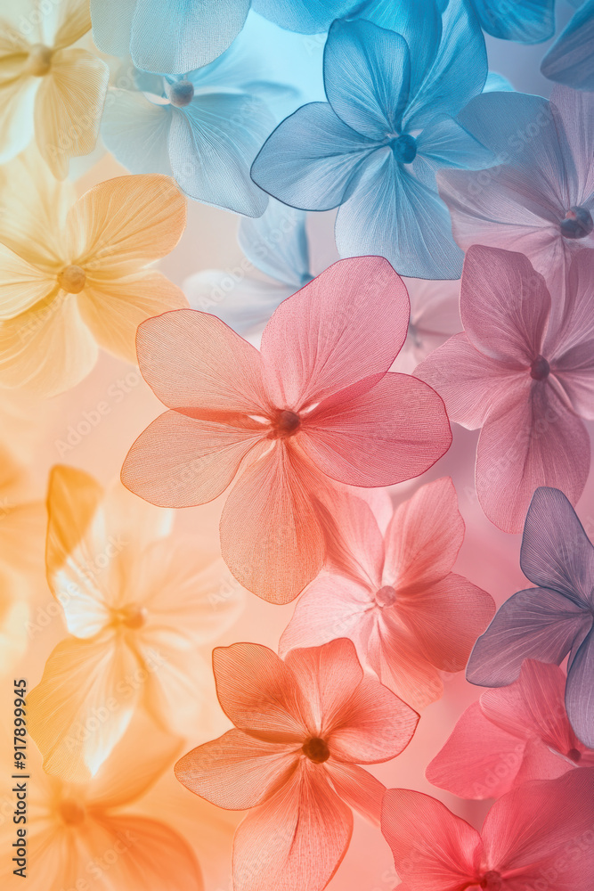 Colorful translucent flowers overlapping in an abstract pattern, featuring blue, pink, and yellow hues, creating a vibrant and dreamy atmosphere. Colorful translucent flowers overlapping in an abstract pattern, featuring blue, pink, and yellow hues, creating a vibrant and dreamy atmosphere.