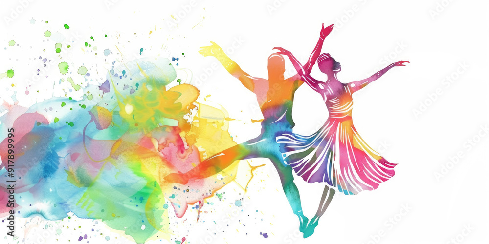 Obraz premium Two dancers create a dynamic display of movement surrounded by a colorful splash of paint