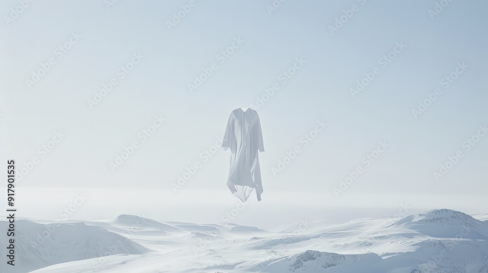 White Fabric Floating Above Snow-Covered Mountain Landscape. White Fabric Floating Above Snow-Covered Mountain Landscape.