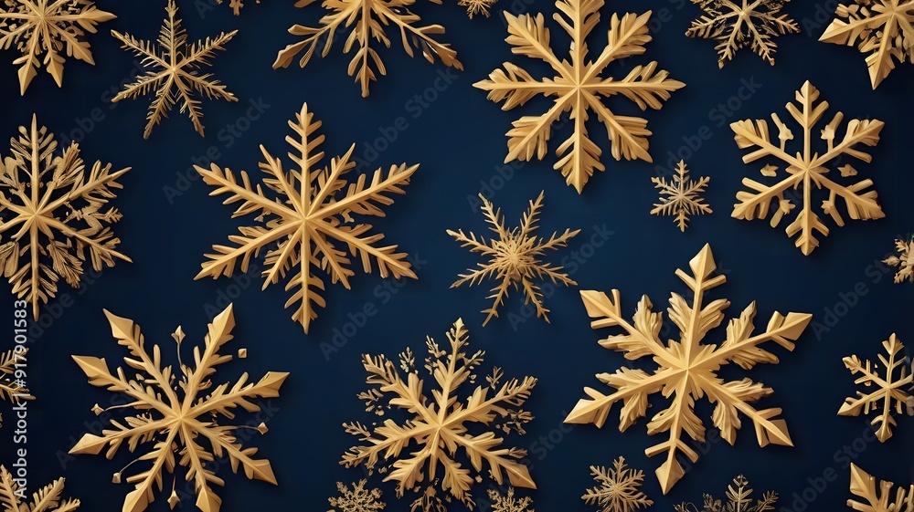 Gold Snowflakes on a Dark Blue Background. Generative AI Gold Snowflakes on a Dark Blue Background. Generative AI