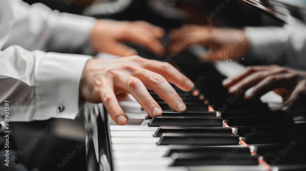 Close-up of hands playing piano keys. Close-up of hands playing piano keys.