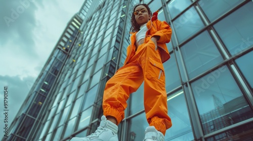 Wallpaper Mural Fashionable Young Woman in Orange Jumpsuit Against Modern Building Backdrop Torontodigital.ca