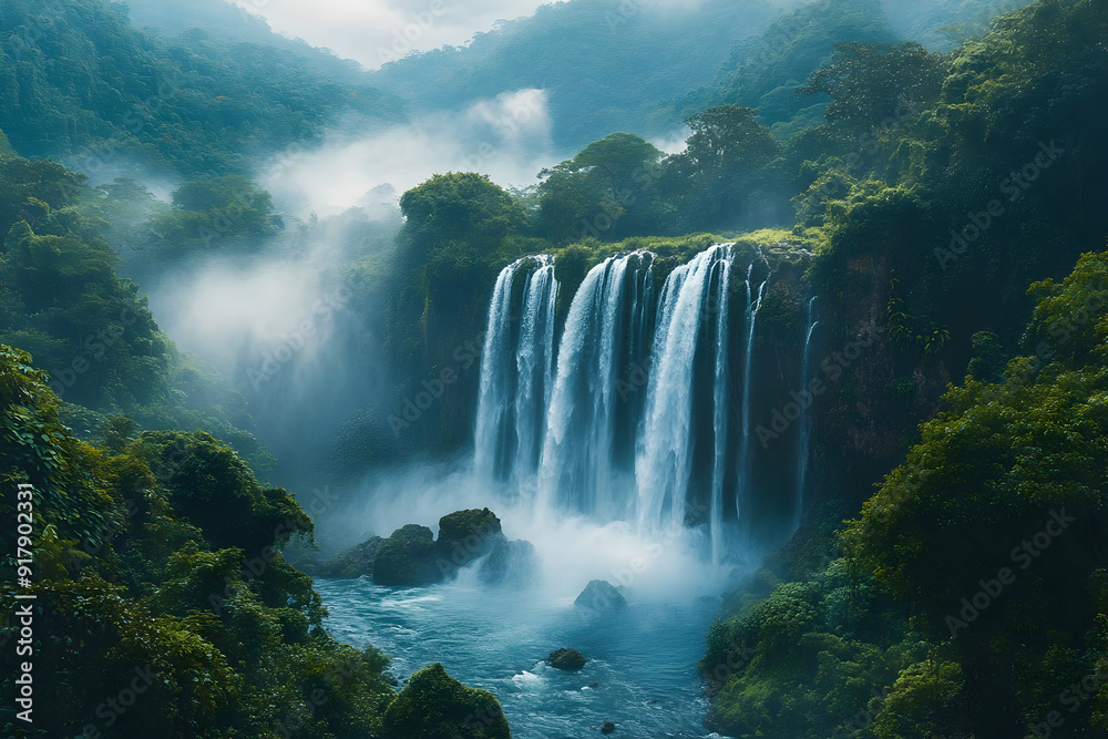 Breathtaking waterfall cascading through lush greenery, enveloped in mist, creating a serene and tranquil natural landscape. Breathtaking waterfall cascading through lush greenery, enveloped in mist, creating a serene and tranquil natural landscape.