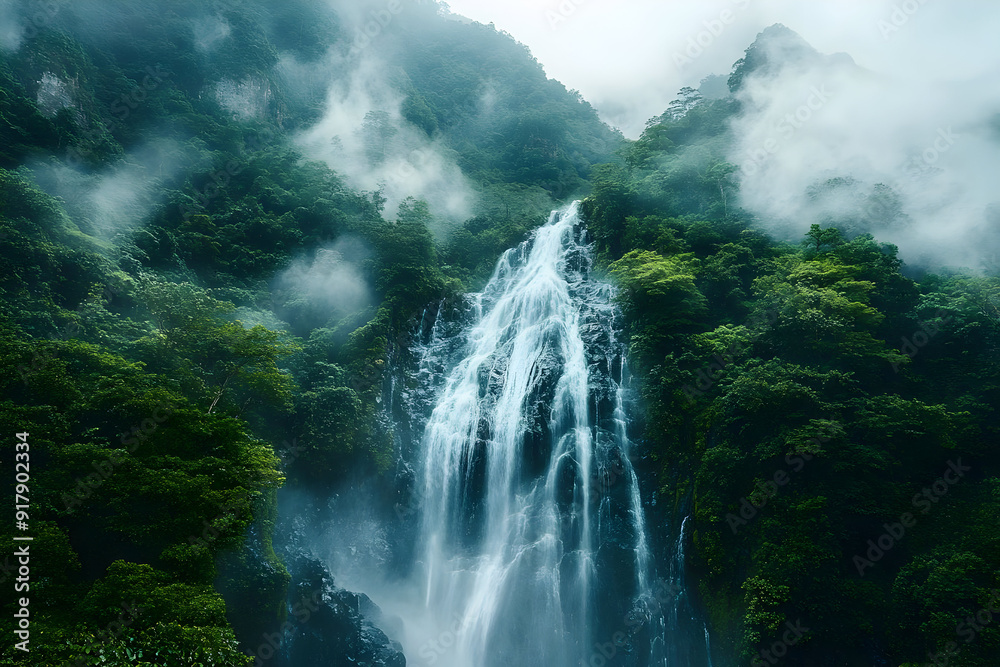 Majestic waterfall cascading down lush green cliffs, surrounded by mist and vibrant foliage, creating a serene natural landscape. Majestic waterfall cascading down lush green cliffs, surrounded by mist and vibrant foliage, creating a serene natural landscape.