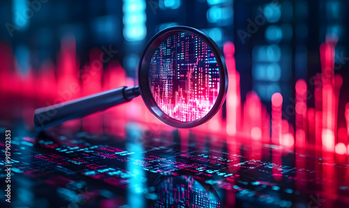 Wallpaper Mural A magnifying glass focuses on financial data, depicting analysis in a digital environment with vibrant colors and patterns. Torontodigital.ca
