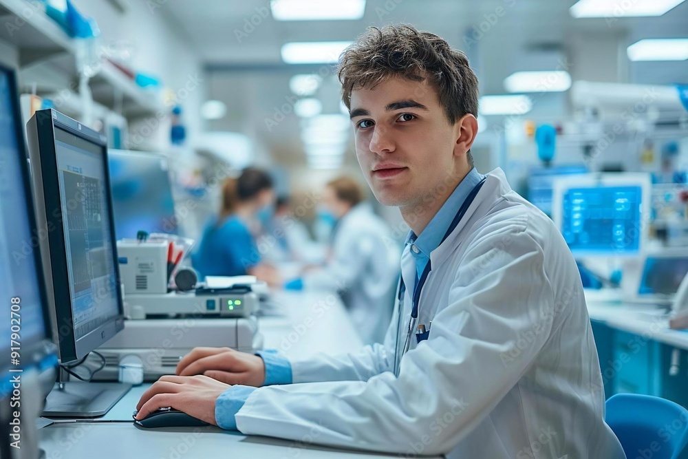 close-up portrait of a confident young male doctor working on his computer at a desk in a hospital setting. close-up portrait of a confident young male doctor working on his computer at a desk in a hospital setting.