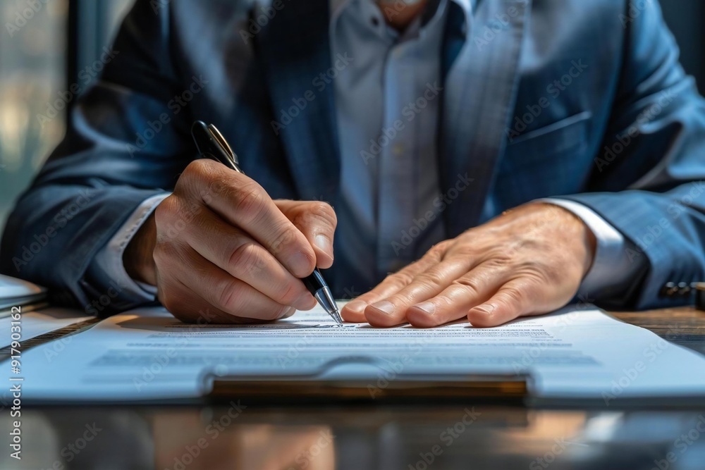 Close-up shot of a businessman signing a contract at his desk surrounded by legal documents and reports. Close-up shot of a businessman signing a contract at his desk surrounded by legal documents and reports.