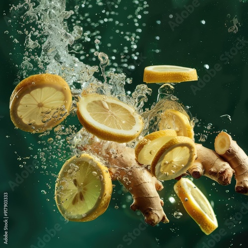lemond slices and ginger falling underwater on green background