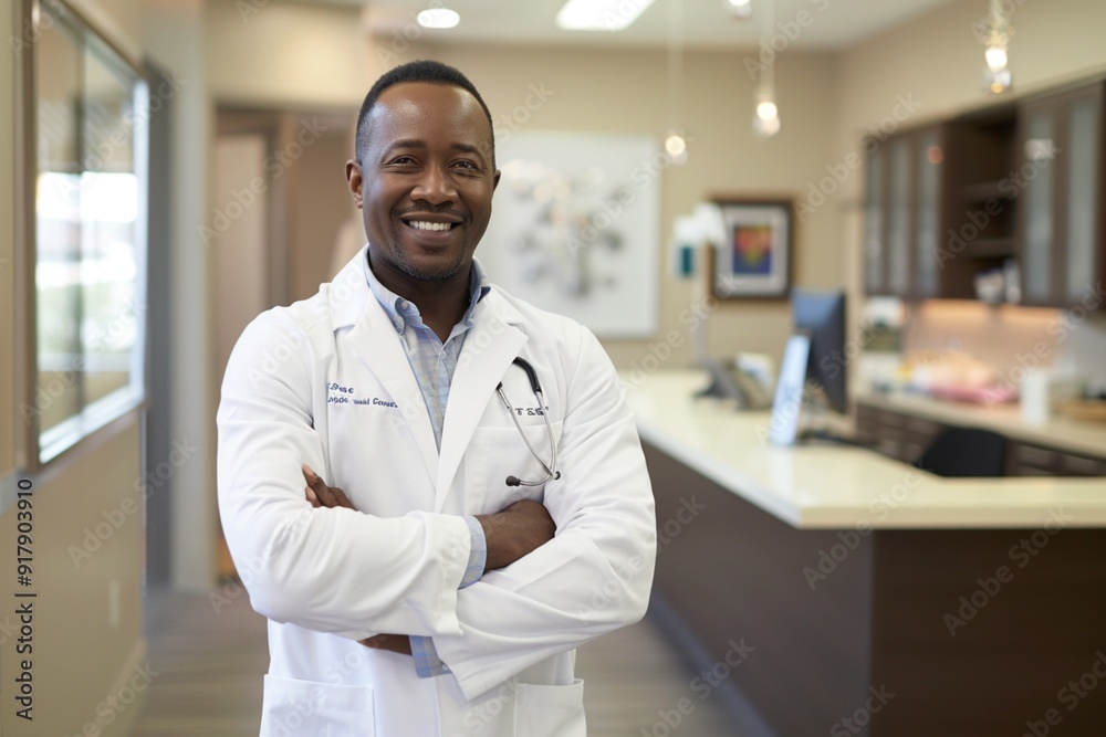 an African American doctor standing and smiling in the hospital an African American doctor standing and smiling in the hospital