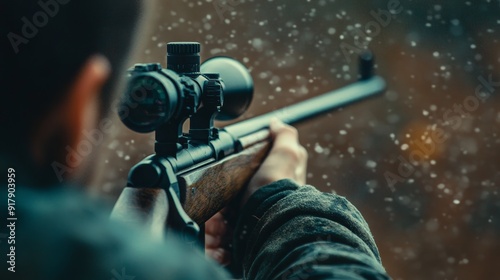 Hunter aiming rifle in snowy forest - A hunter aiming a rifle in a snowy forest, focusing on accuracy and precision. The image represents the thrill of the hunt, the beauty of nature, and the importan photo