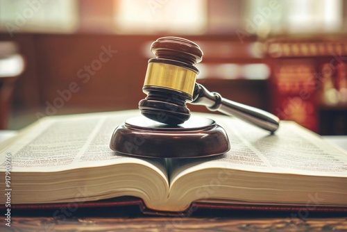 striking photo of a gavel resting on top of an open law book, symbolizing the concept of justice and legal system.