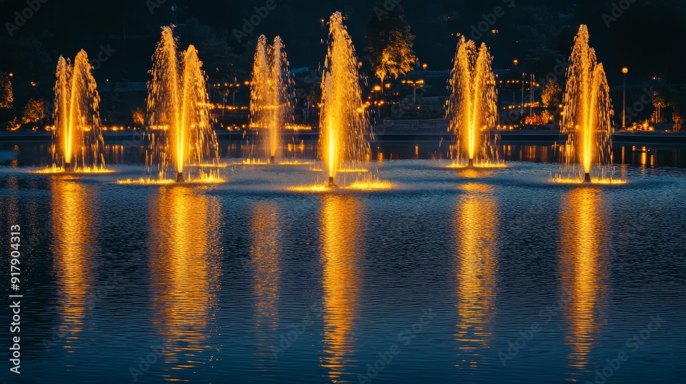Illuminated Water Fountains at Night in a City Park - A serene scene of ...