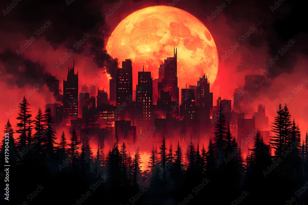 A haunting urban skyline under a vivid red moon, shrouded in mist and surrounded by dark trees, creating an eerie atmosphere. A haunting urban skyline under a vivid red moon, shrouded in mist and surrounded by dark trees, creating an eerie atmosphere.
