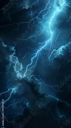 Dramatic lightning bolt in a dark stormy sky, powerful and intense