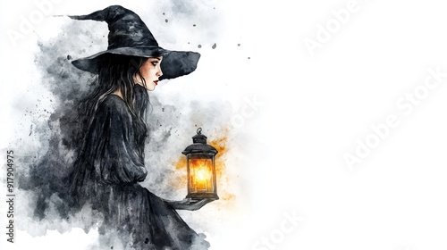 Enigmatic Witch Holding Lantern Watercolor Illustration