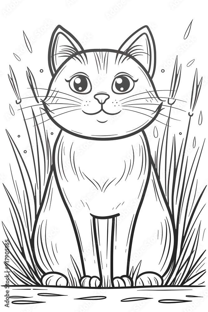 Obraz premium A cartoon drawing of a Felidae, a vertebrate mammal and carnivorous organism, sitting in the grass. The cats gesture is captured in this art piece, showcasing small to mediumsized cats