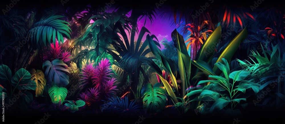 Exotic palms and plants in retro style. Tropical dark trend jungle in neon illuminated lighting. Exotic palms and plants in retro style. Tropical dark trend jungle in neon illuminated lighting.