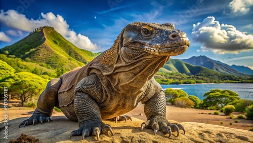 Majestic Komodo dragon, the world's largest lizard, roams freely on sun-kissed Komodo Island, its scales glistening in the bright Indonesian sunlight. photo