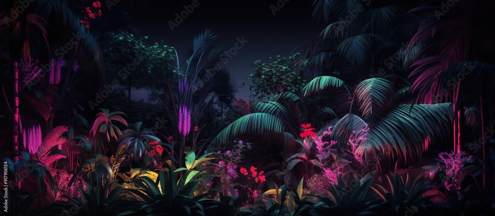 Exotic palms and plants in retro style. Tropical dark trend jungle in neon illuminated lighting. Exotic palms and plants in retro style. Tropical dark trend jungle in neon illuminated lighting.
