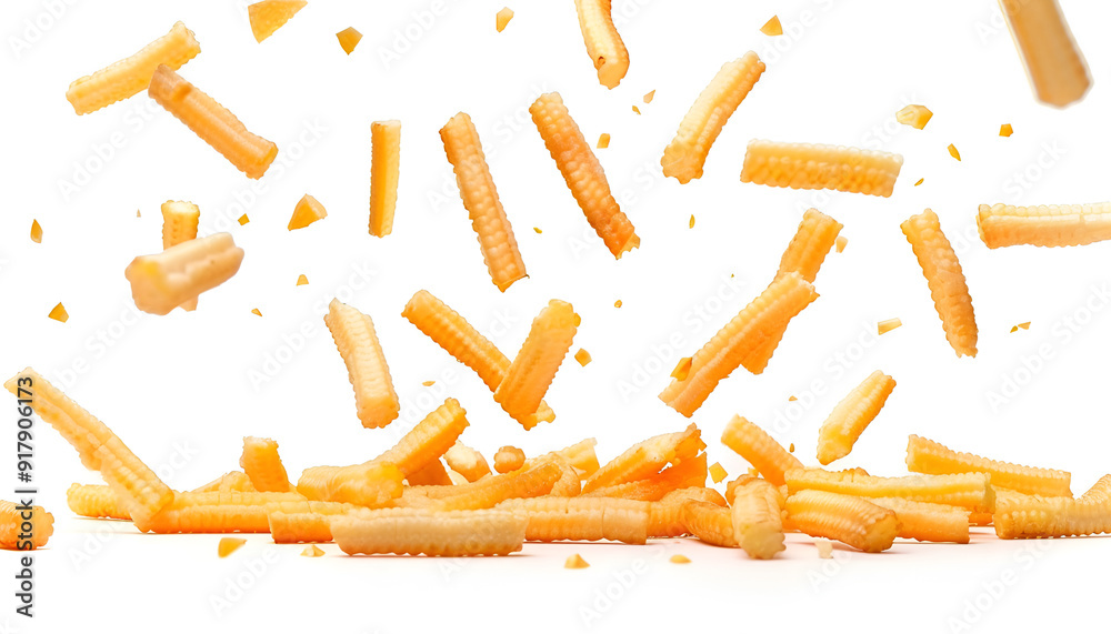 Fototapeta premium Many tasty corn sticks falling on white background