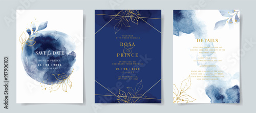 Watercolor navy wedding invitation card template with gold and leaves decoration
