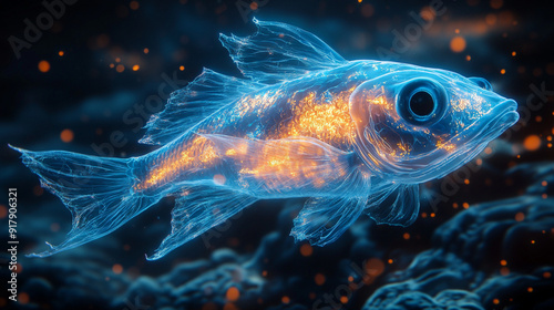 Psychedelic goldfish swirl in glowing fractal aquarium, a vibrant cosmic pet photo