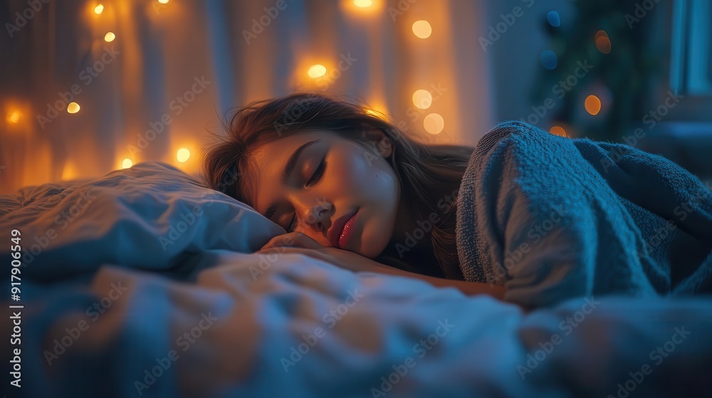 Obraz premium A serene night scene of a woman peacefully sleeping in a cozy room adorned with warm fairy lights.