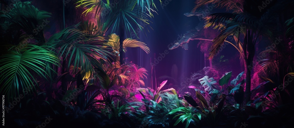 Exotic palms and plants in retro style. Tropical dark trend jungle in neon illuminated lighting. Exotic palms and plants in retro style. Tropical dark trend jungle in neon illuminated lighting.