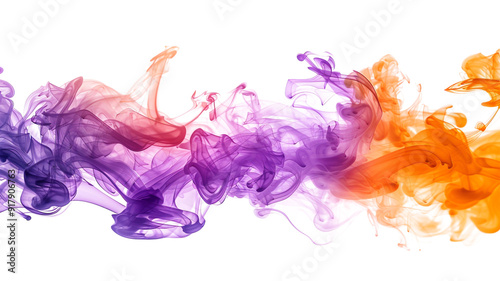 Vibrant smoke isolated on white. Colorful whirlwind. A captivating fusion of colors and underwater Ink. Abstract liquid acrylic art in purple and orange.