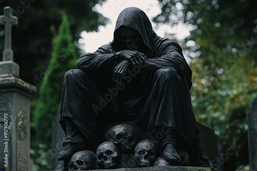 Mourning Figure in a Cemetery - A solemn black statue of a hooded figure sits among skulls, symbolizing mortality, grief, and the passage of time. The statue is set against a backdrop of lush greenery