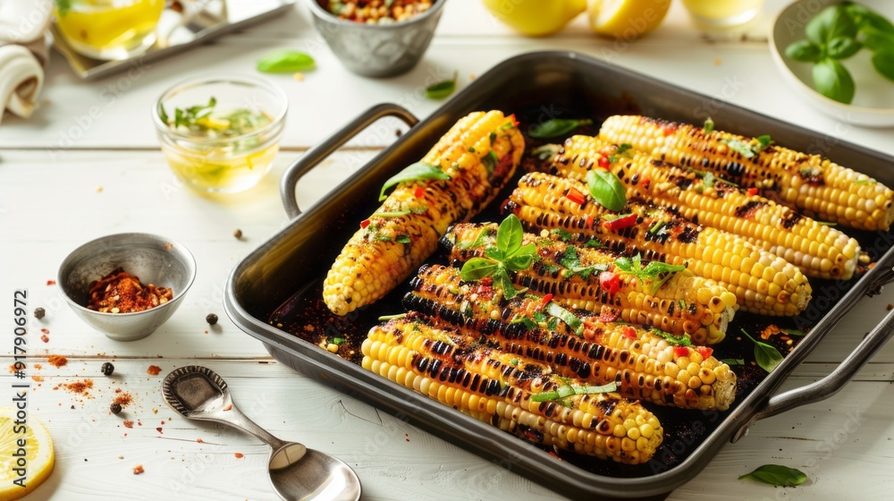 A tray of corn on the cob with a spoon and a bowl of lemon slices A tray of corn on the cob with a spoon and a bowl of lemon slices