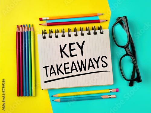 Key Takeaways Written on Notebook with Colorful Pencils and Glasses on Desk