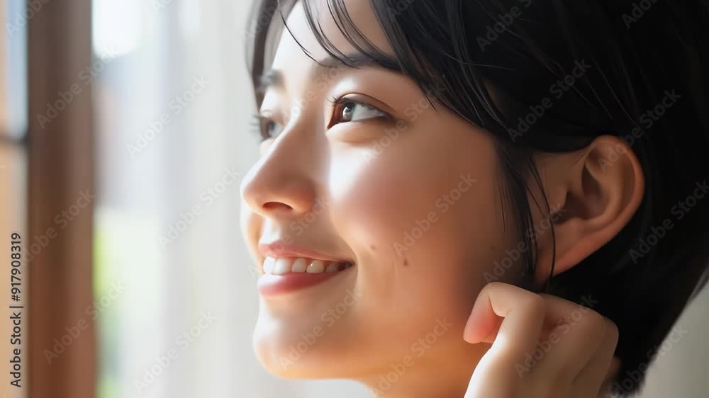 Young woman touching her face skin in the living room at home healthy and beautiful concept.