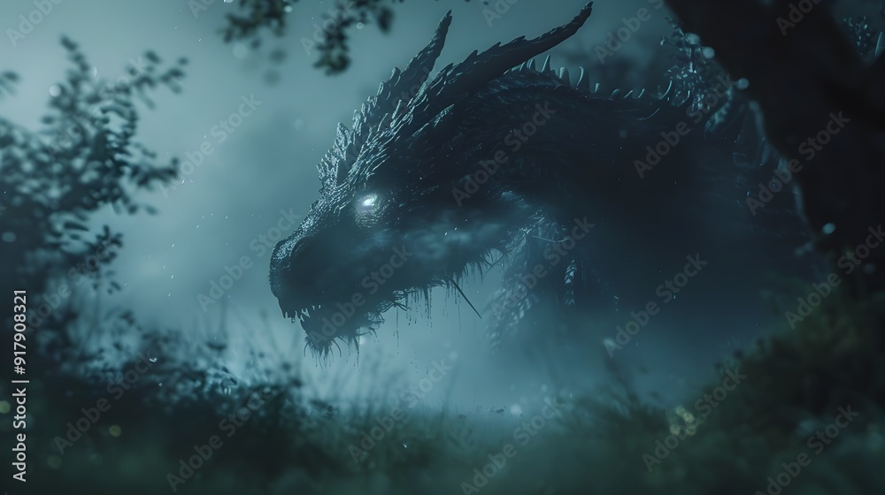 Fototapeta premium Shadowy Dragon Lurking in a Misty Dark Forest Glowing Eyes Visible Through the Mist