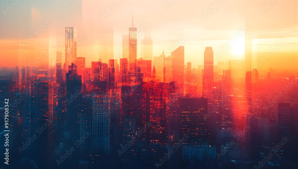 Stunning city skyline at sunset, blending vibrant colors and modern architecture, creating a dreamy urban landscape.