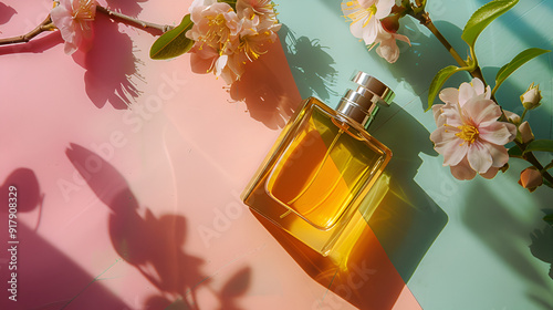 Beautiful small glass perfume bottle on a mirror surface on a background of pink flowers, bottle of perfume on a background of beautiful flowers 3d render