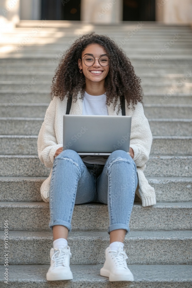 Cheerful Young Woman with Laptop Sitting on Stairs Outdoors Cheerful Young Woman with Laptop Sitting on Stairs Outdoors