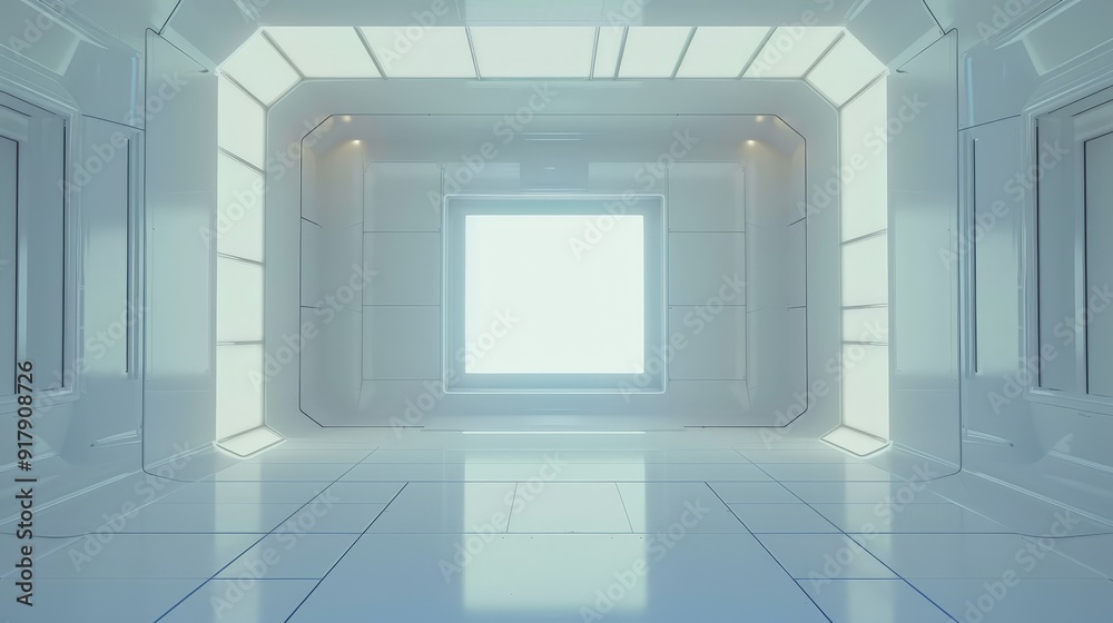 Fototapeta premium Futuristic corridor with white walls and bright light.