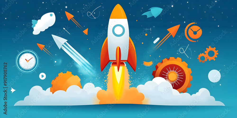 Colorful rocket launch illustration with clouds, gears, and arrows symbolizing innovation and progress in technology. Colorful rocket launch illustration with clouds, gears, and arrows symbolizing innovation and progress in technology.